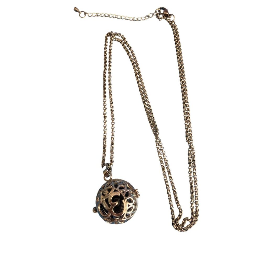 Silver Tone Om Pendant Bell Necklace Chimes Long Chain Cage Adj 34" Spiritual